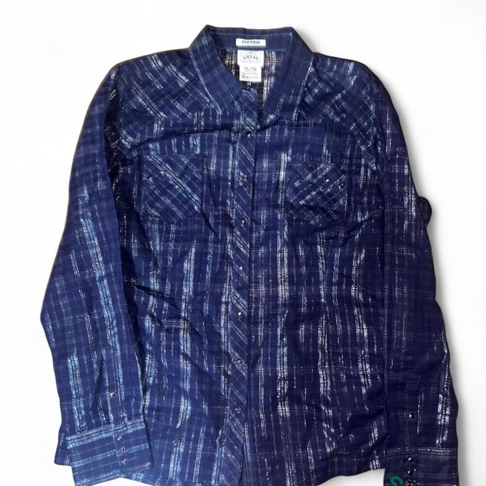 Ariat Women's Navy and Silver Plaid Cross Sequin Pearl Snap Button Up SZ XL